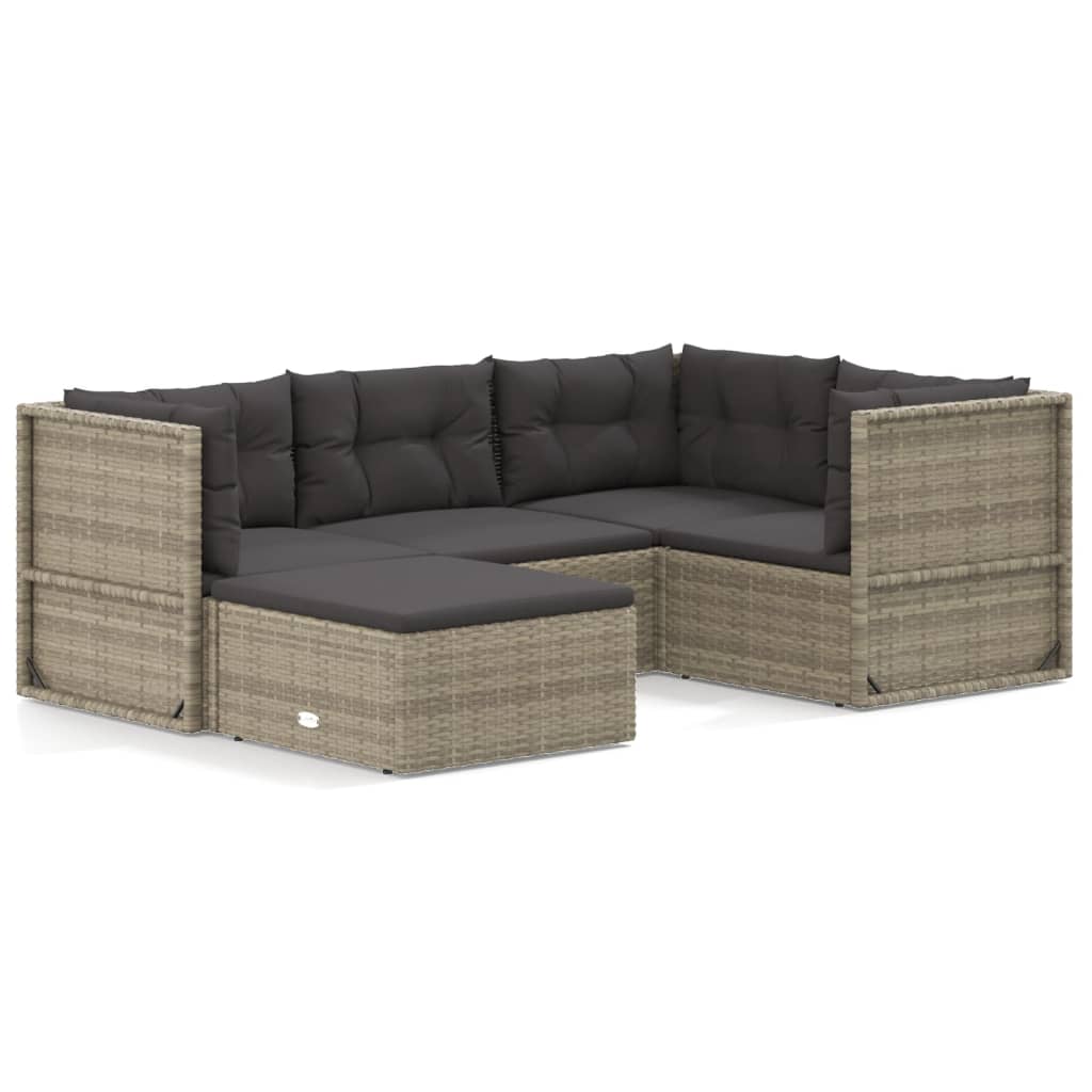 5 Piece Patio Lounge Set with Cushions Gray Poly Rattan