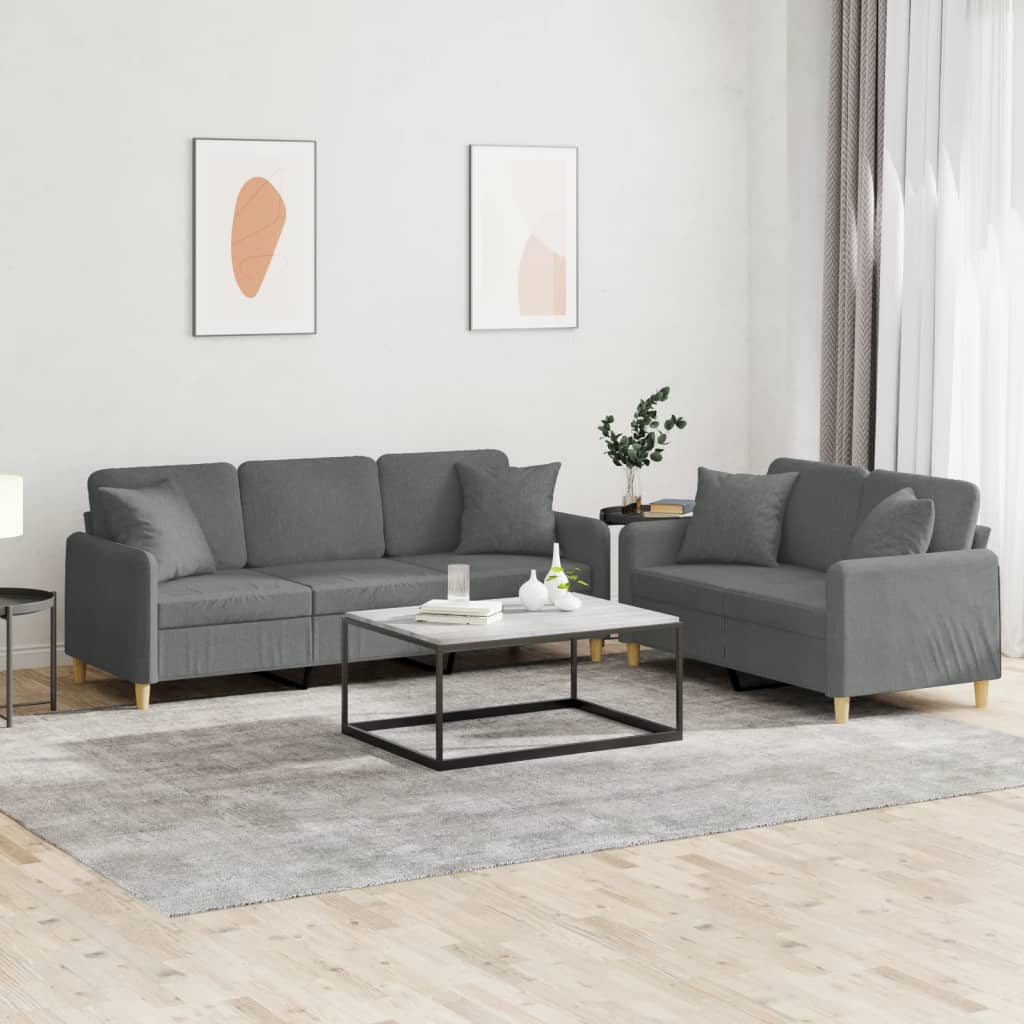 2 Piece Sofa Set with Pillows Dark Gray Fabric