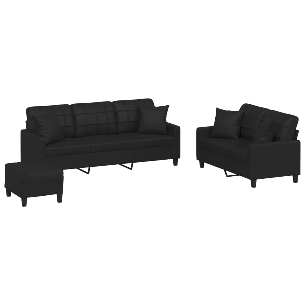 3 Piece Sofa Set with Pillows Black Faux Leather