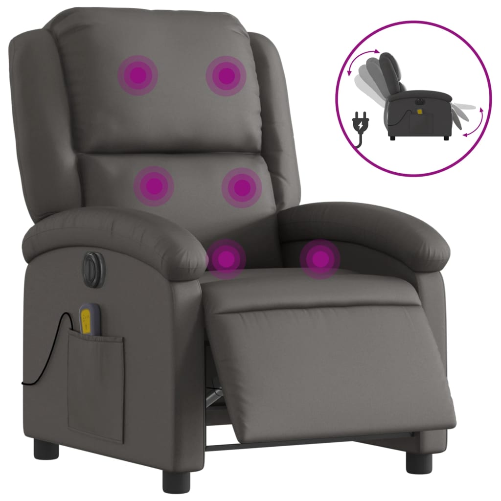 Electric Massage Recliner Chair Gray Real Leather