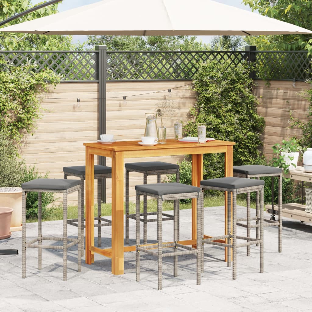 7 Piece Patio Bar Set Gray Solid Wood Acacia and Poly Rattan