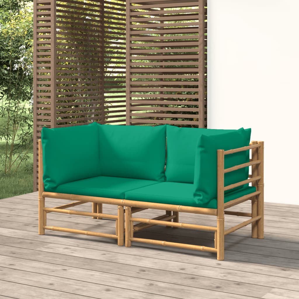 Patio Corner Sofas with Green Cushions 2 pcs Bamboo