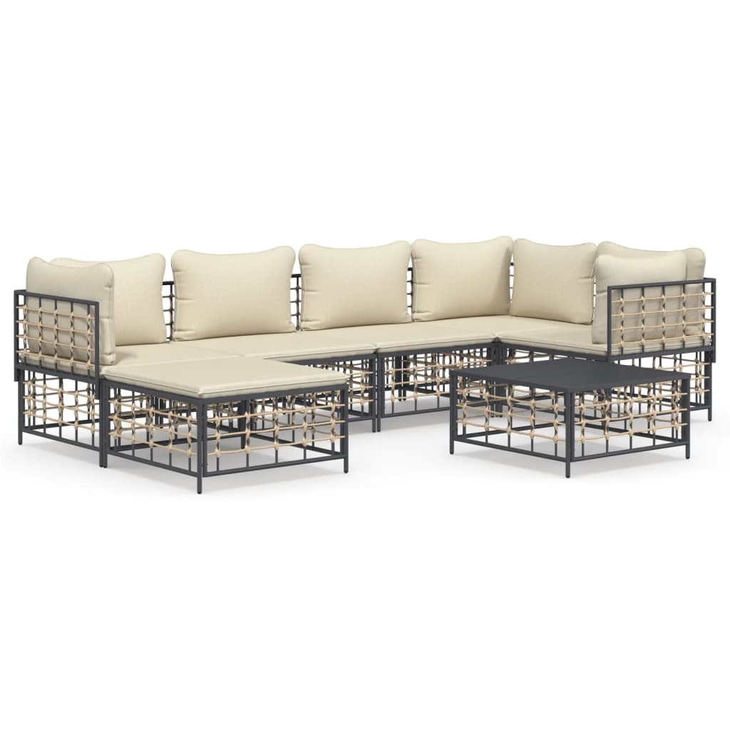 7 Piece Patio Lounge Set with Cushions Anthracite Poly Rattan