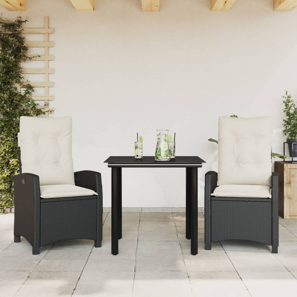 3 Piece Patio Dining Set with Cushions Black Poly Rattan