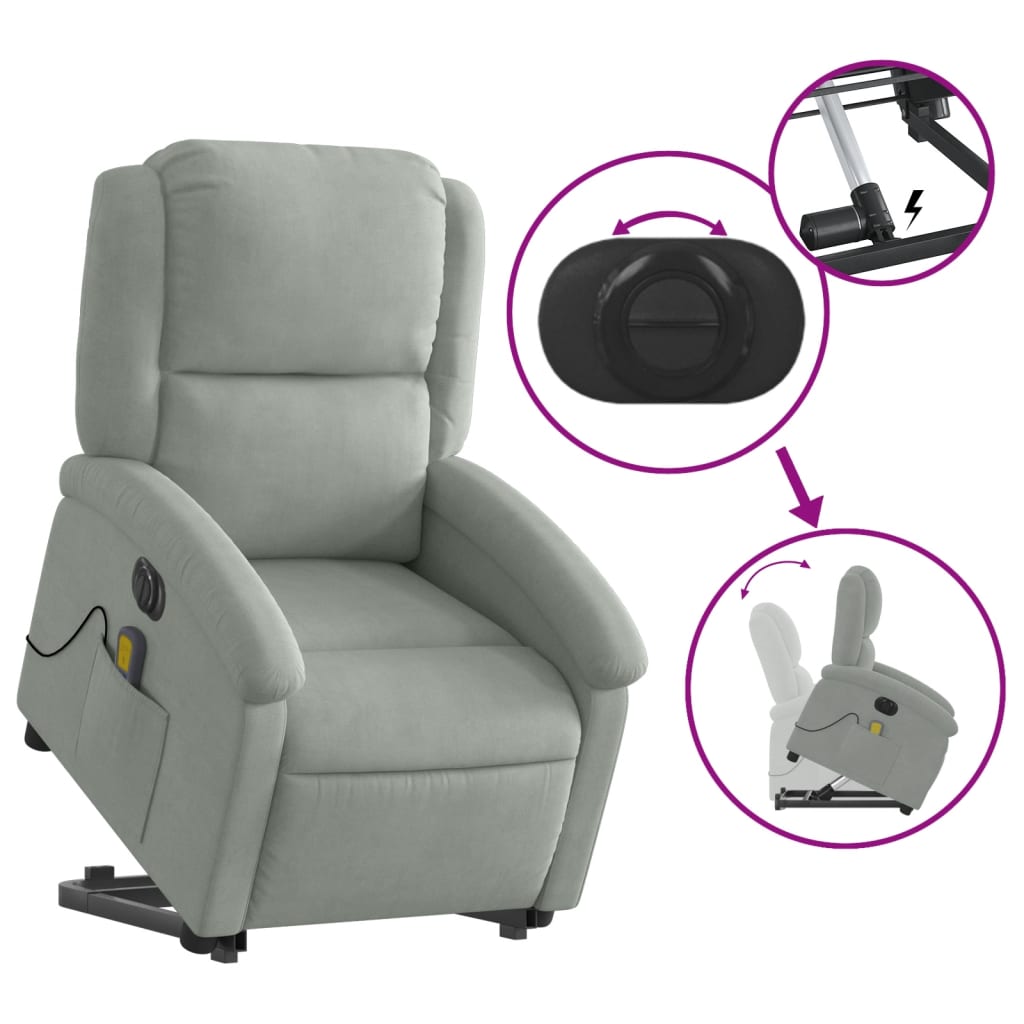 Electric Stand up Massage Recliner Chair Light Gray Velvet