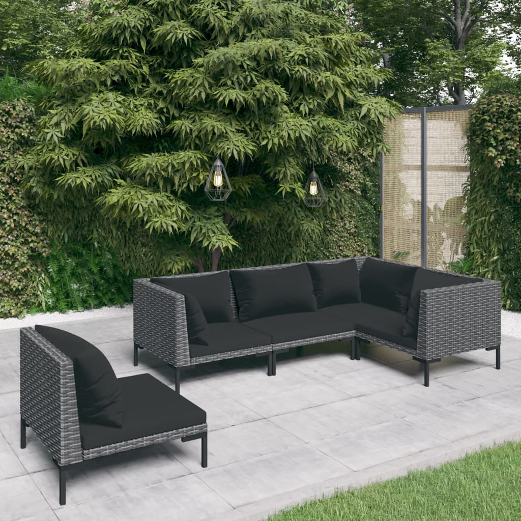 5 Piece Patio Lounge Set with Cushions Poly Rattan Dark Gray