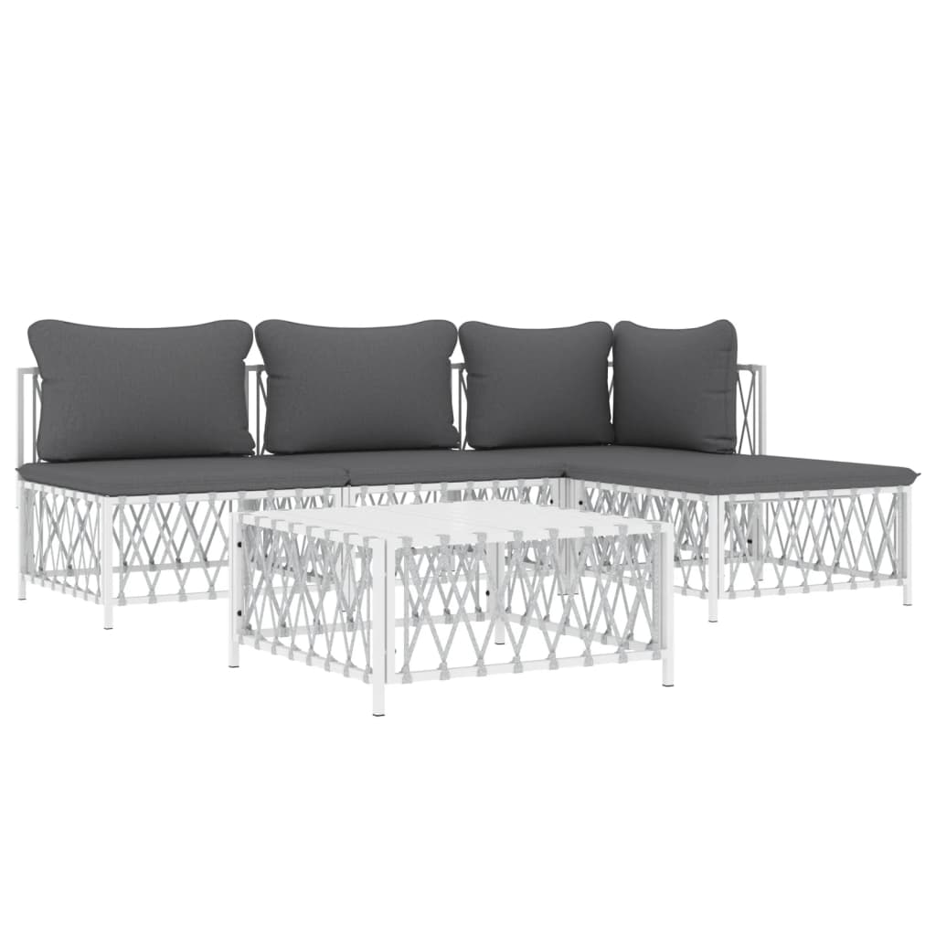 5 Piece Patio Lounge Set with Cushions White Steel