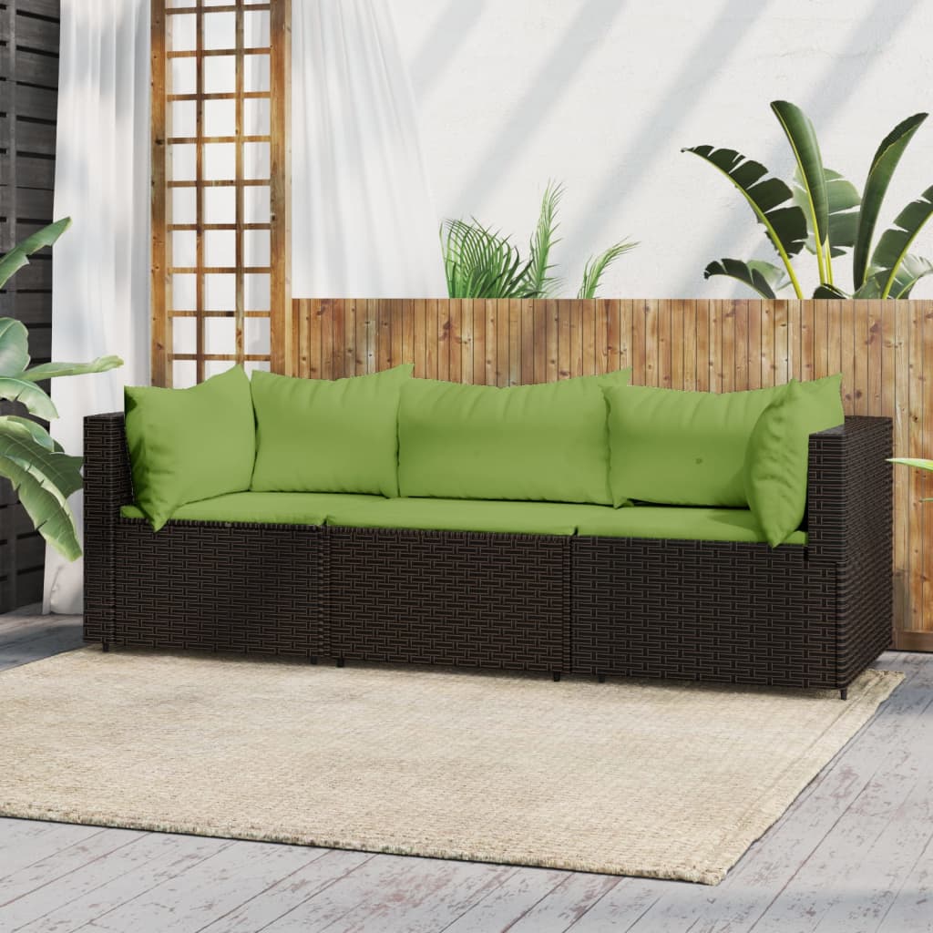 3 Piece Patio Lounge Set with Cushions Brown Poly Rattan