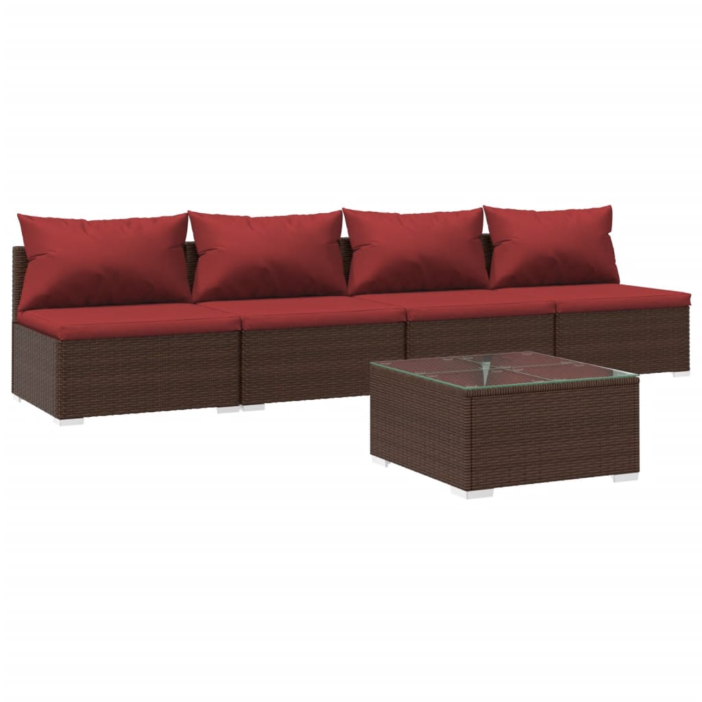 Patio Furniture Set 5 Piece with Cushions Poly Rattan Brown