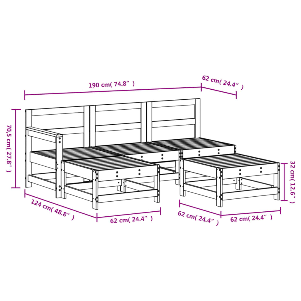 5 Piece Patio Lounge Set White Solid Wood Pine