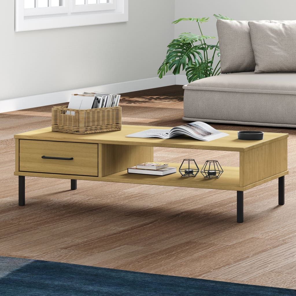 Coffee Table with Metal Legs White Solid Wood Pine OSLO