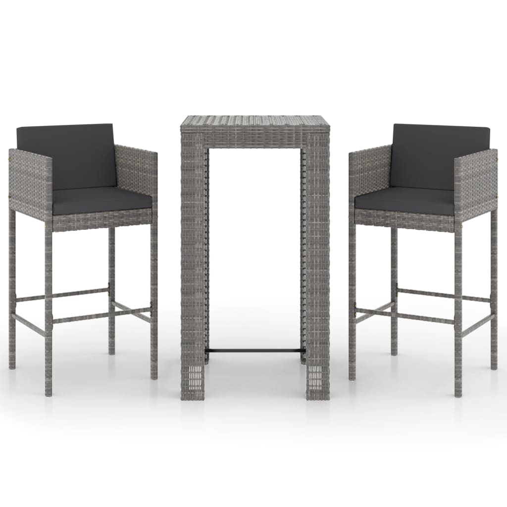 3 Piece Patio Bar Set with Cushions Poly Rattan Gray