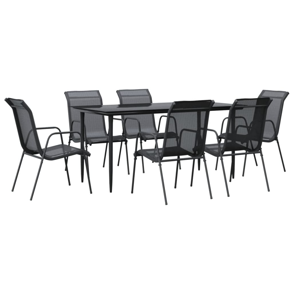 7 Piece Patio Dining Set Black Steel and Textilene