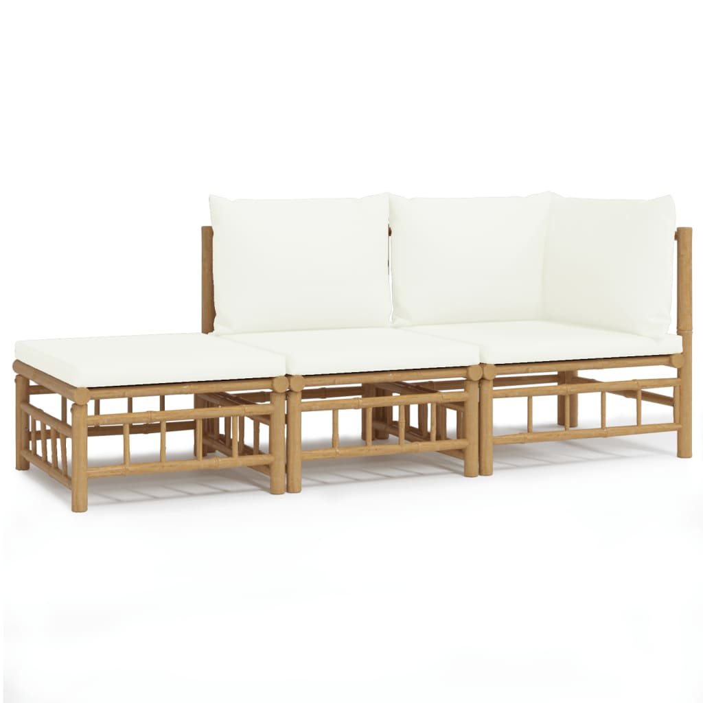 3 Piece Patio Lounge Set with Cream White Cushions Bamboo