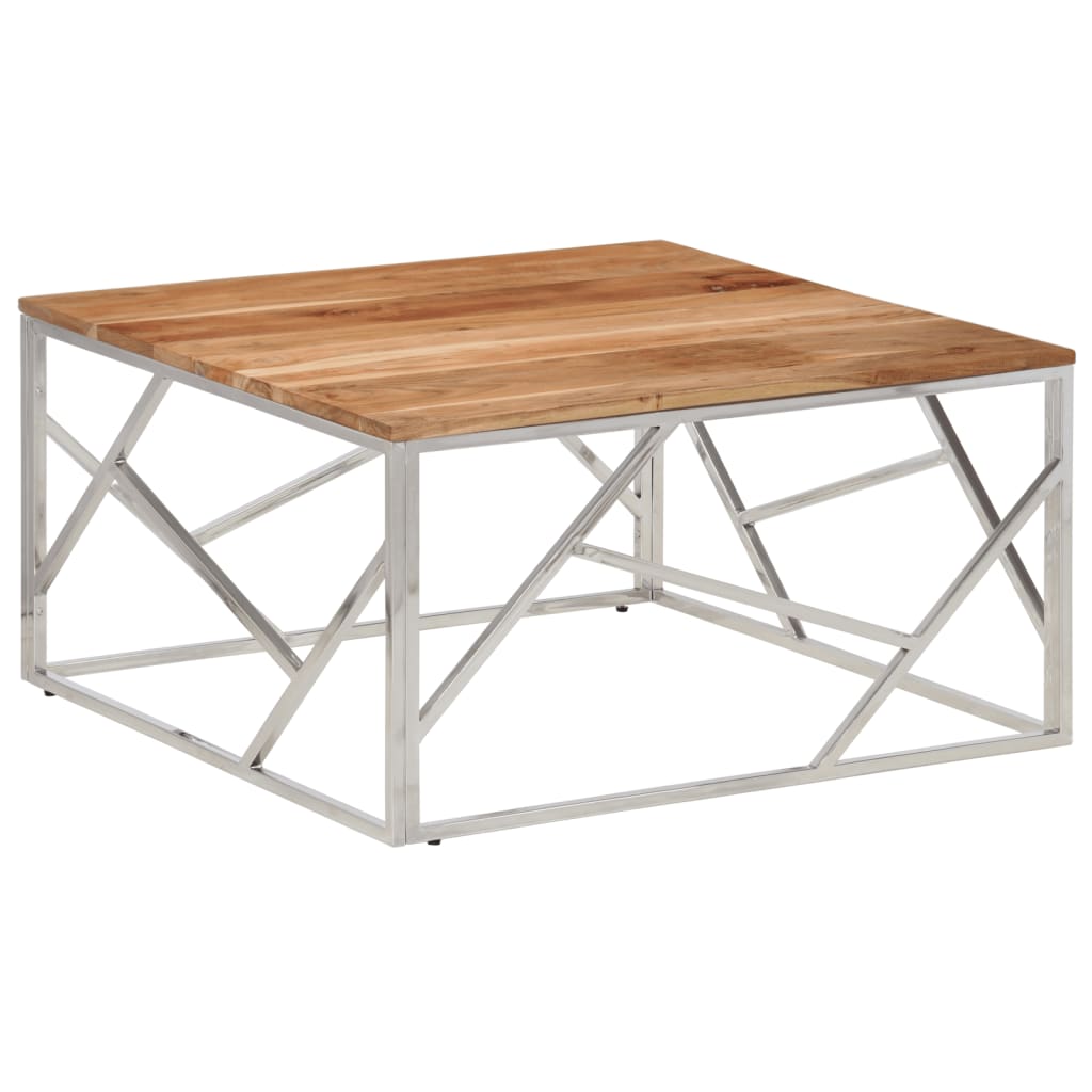 Coffee Table Silver Stainless Steel and Solid Acacia Wood