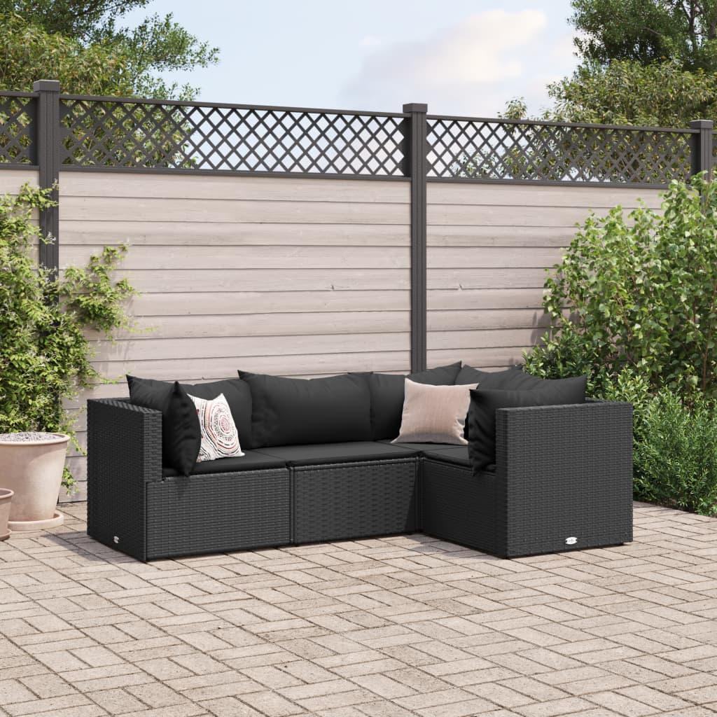 4 Piece Patio Lounge Set with Cushions Black Poly Rattan