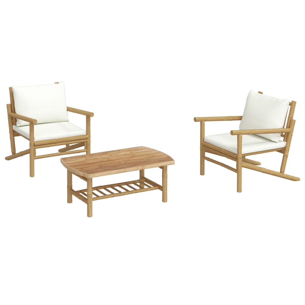 3 Piece Patio Lounge Set with Cream White Cushions Bamboo