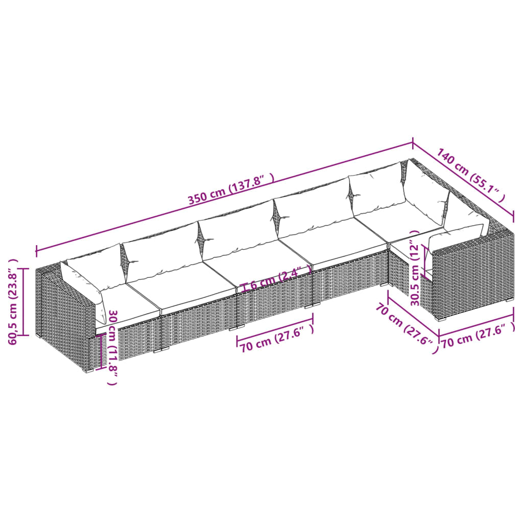 6 Piece Patio Lounge Set with Cushions Poly Rattan Brown