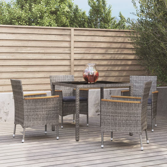 5 Piece Patio Dining Set with Cushions Gray Poly Rattan