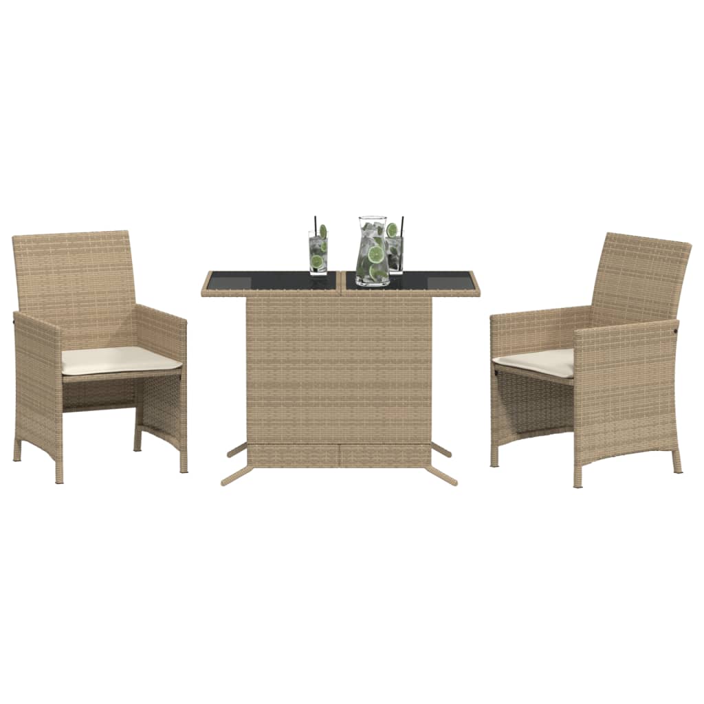 3 Piece Bistro Set with Cushions Beige Poly Rattan