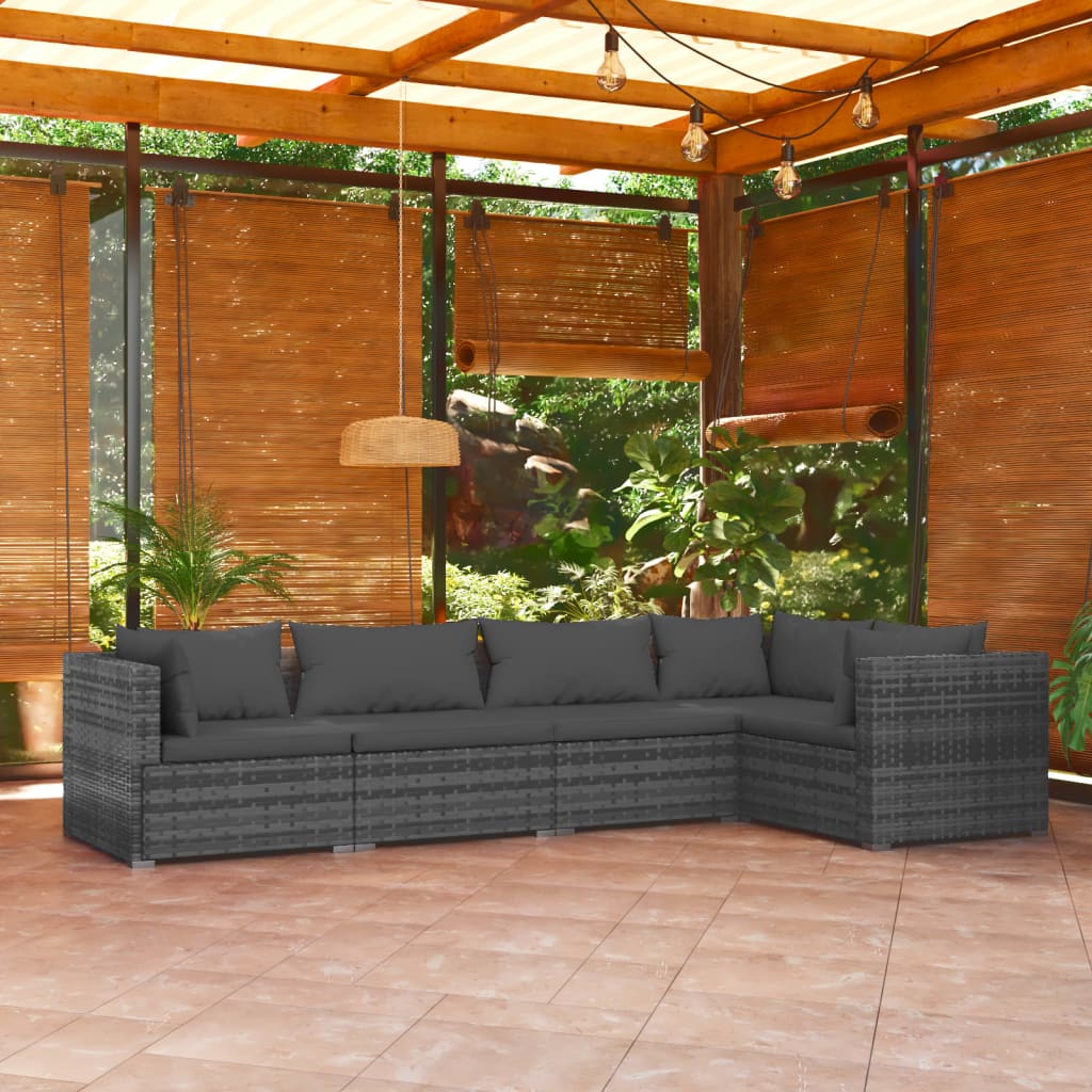 5 Piece Patio Lounge Set with Cushions Poly Rattan Gray