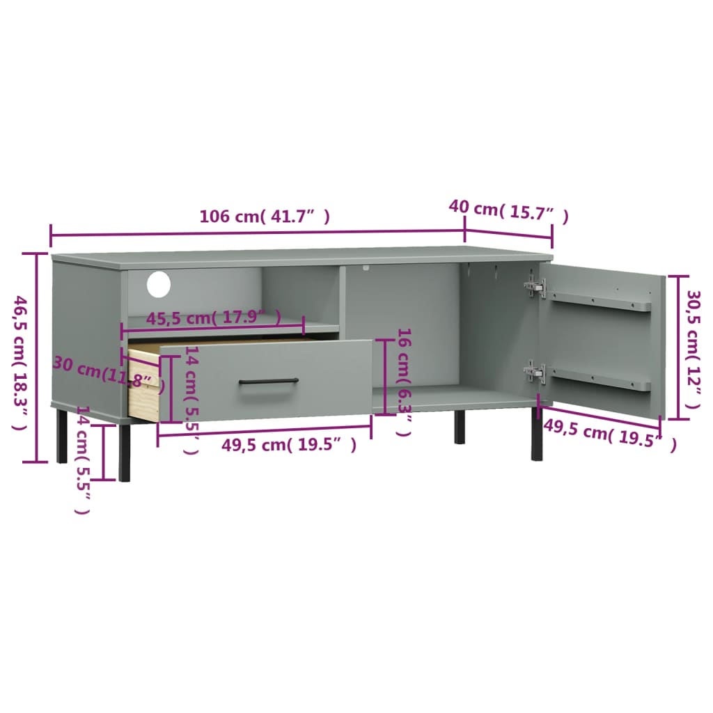 TV Stand with Metal Legs Gray Solid Wood Pine OSLO