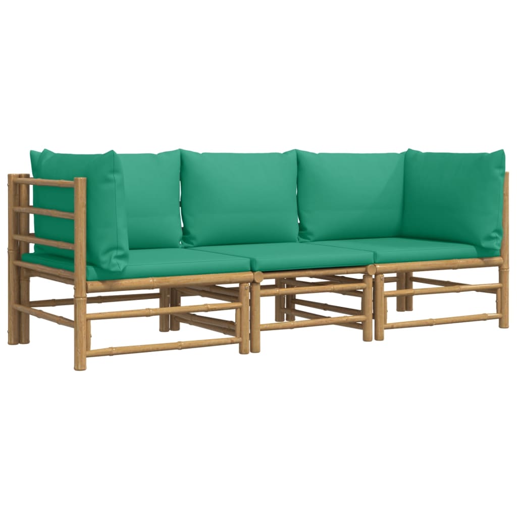 3 Piece Patio Lounge Set with Green Cushions Bamboo