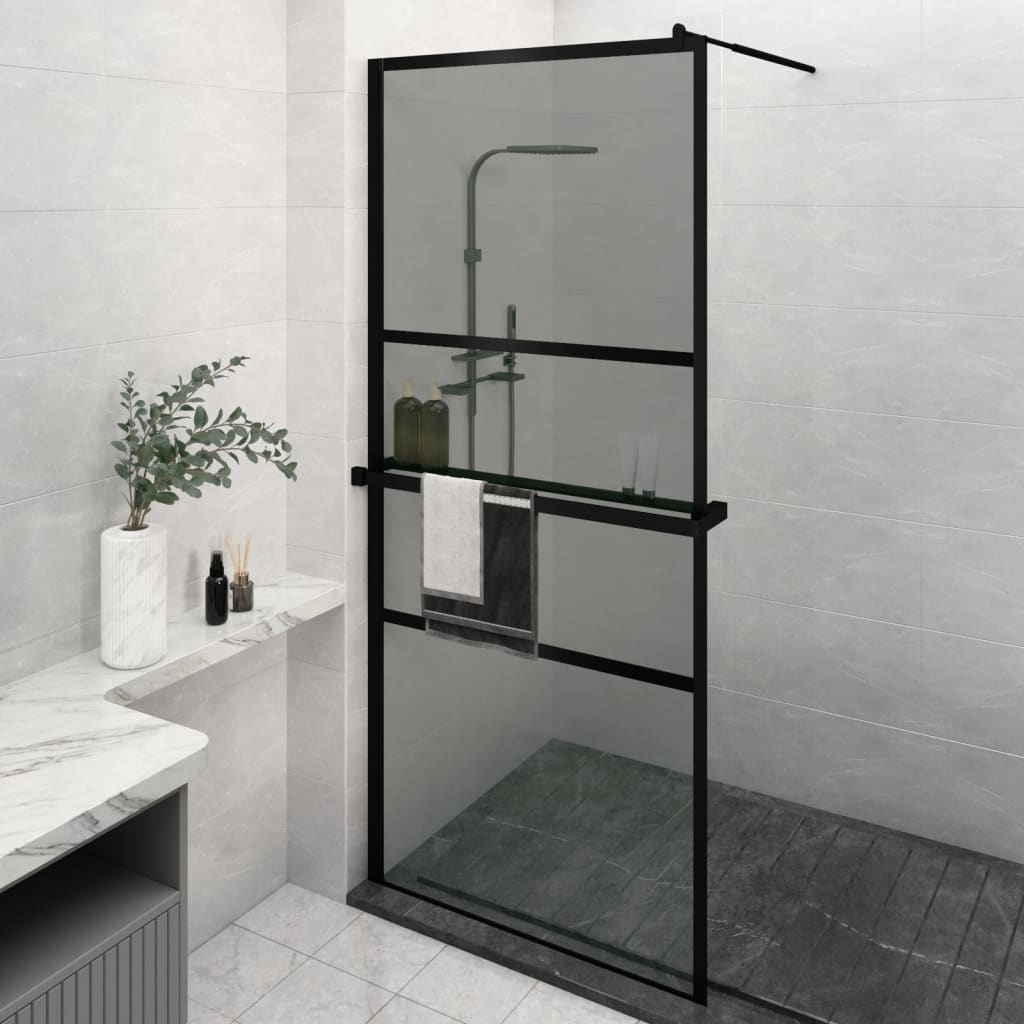 Walk-in Shower Wall with Shelf Black 39.4"x76.8" ESG Glass&Aluminum