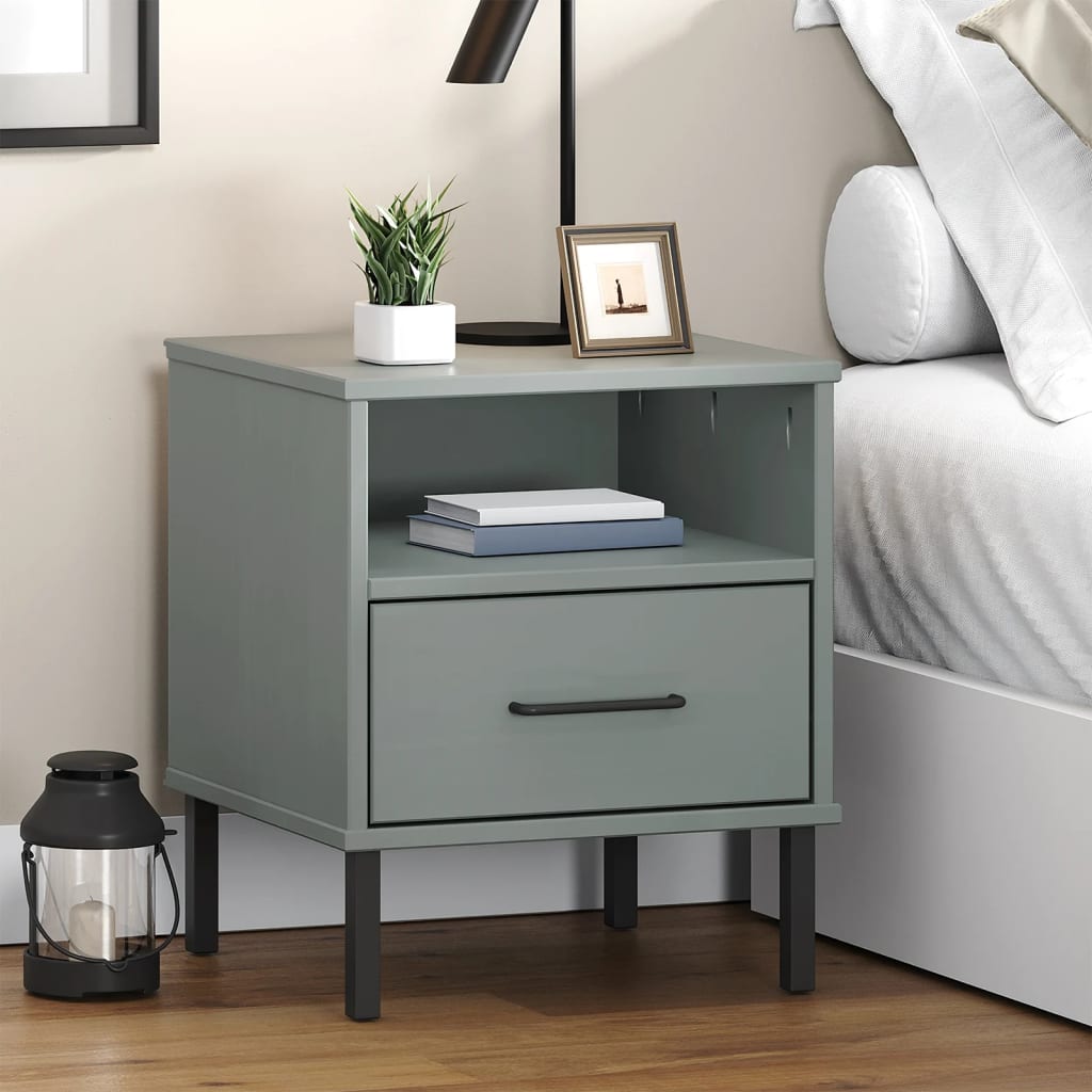 Bedside Cabinet with Metal Legs Gray Solid Wood Pine OSLO