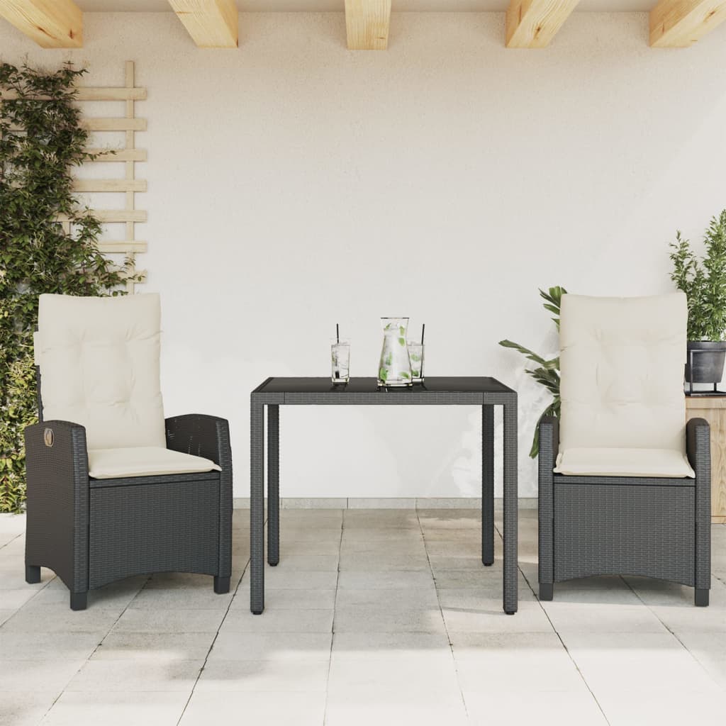 3 Piece Patio Dining Set with Cushions Black Poly Rattan