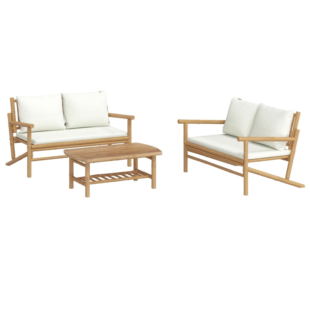 3 Piece Patio Lounge Set with Cream White Cushions Bamboo