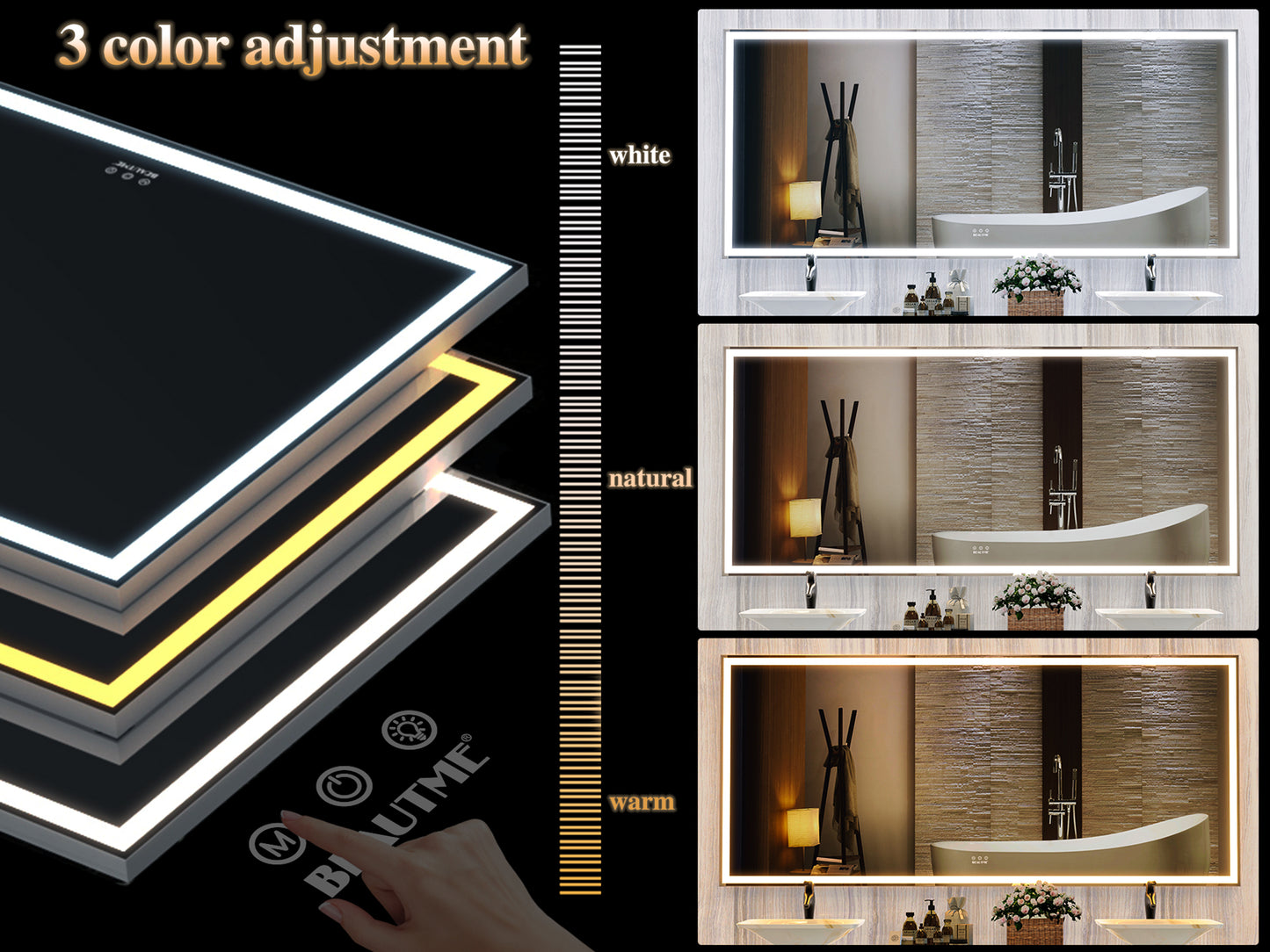 72X32 inch Oversized LED Bathroom Mirror Wall Mounted Mirror with 3 Color Modes Aluminum Frame Wall Mirror Large Full Length Mirror with Lights Lighted Full Body Mirror for Bedroom Living Room, Silver