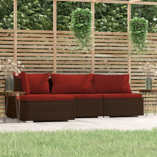 4 Piece Patio Lounge Set with Cushions Brown Poly Rattan