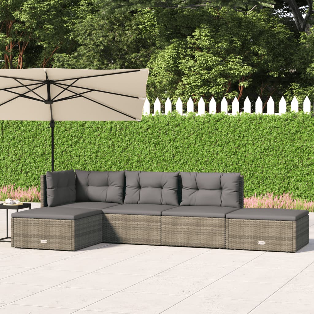 5 Piece Patio Lounge Set with Cushions Gray Poly Rattan