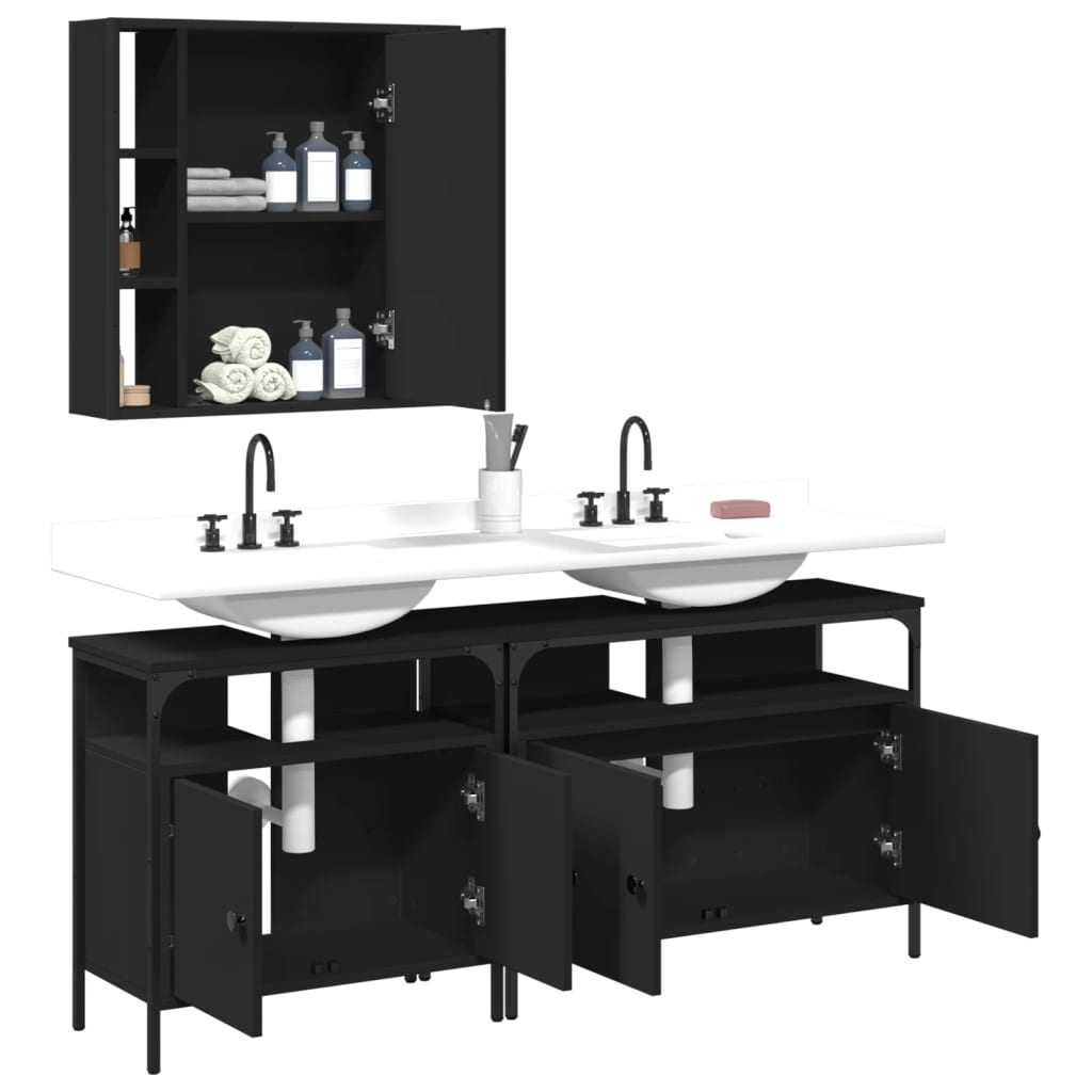 3 Piece Bathroom Cabinet Set Black Engineered Wood