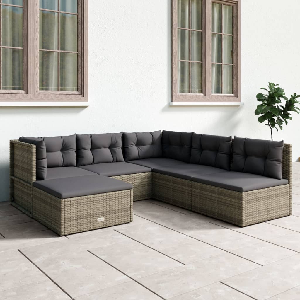 6 Piece Patio Lounge Set with Cushions Gray Poly Rattan