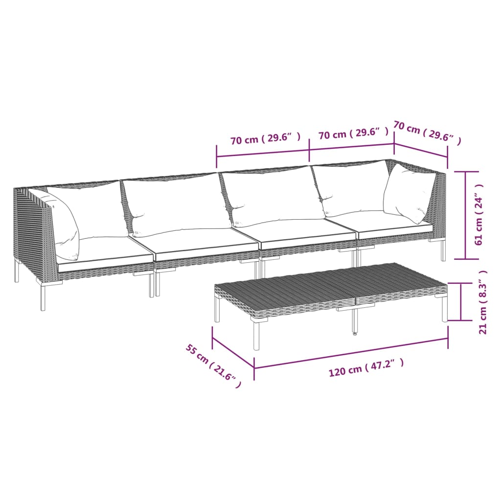 5 Piece Patio Lounge Set with Cushions Poly Rattan Dark Gray