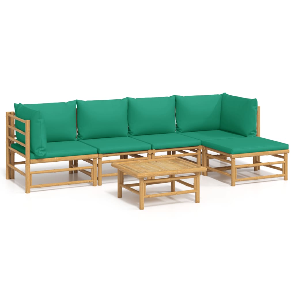 6 Piece Patio Lounge Set with Green Cushions Bamboo