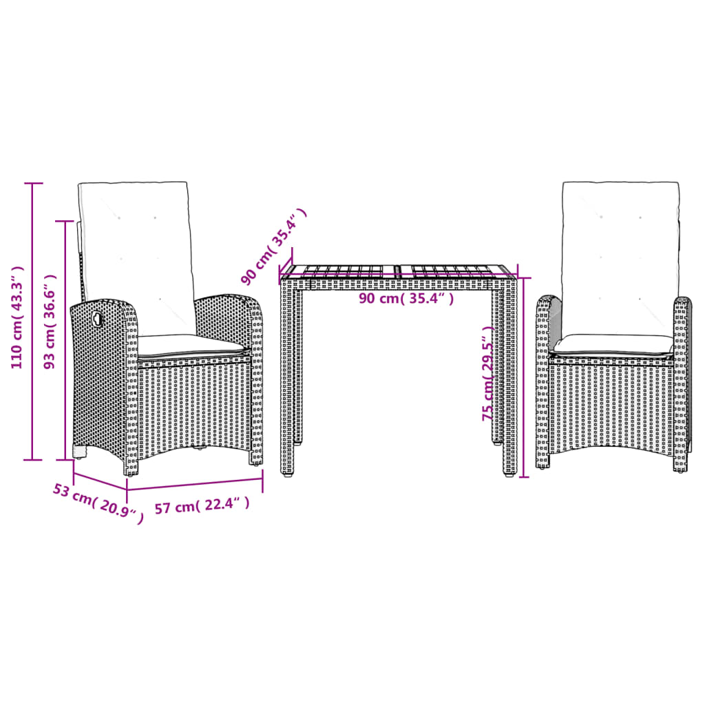 3 Piece Patio Dining Set with Cushions Black Poly Rattan