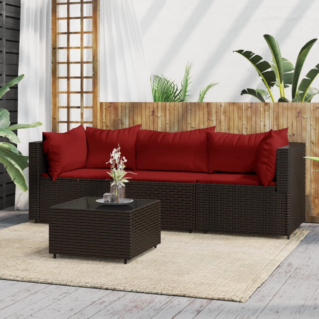 4 Piece Patio Lounge Set with Cushions Brown Poly Rattan