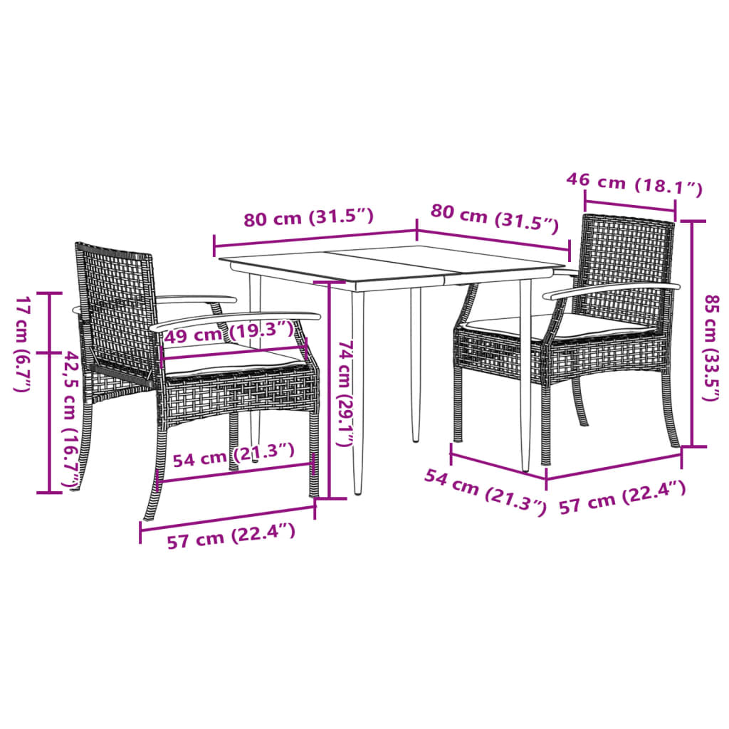 3 Piece Patio Dining Set with Cushions Beige Poly Rattan