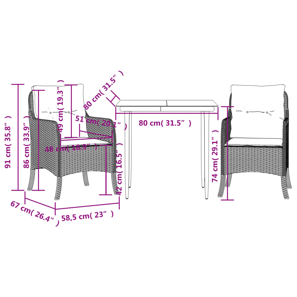 3 Piece Patio Dining Set with Cushions Beige Poly Rattan