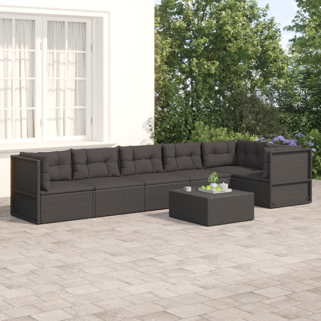 6 Piece Patio Lounge Set with Cushions Black Poly Rattan