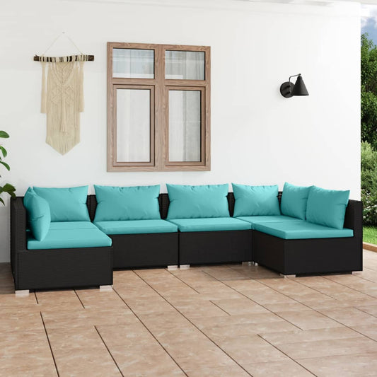 6 Piece Patio Lounge Set with Cushions Poly Rattan Black