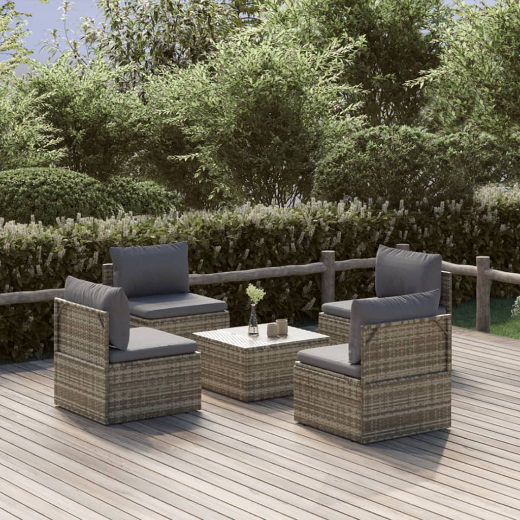 5 Piece Patio Lounge Set with Cushions Gray Poly Rattan