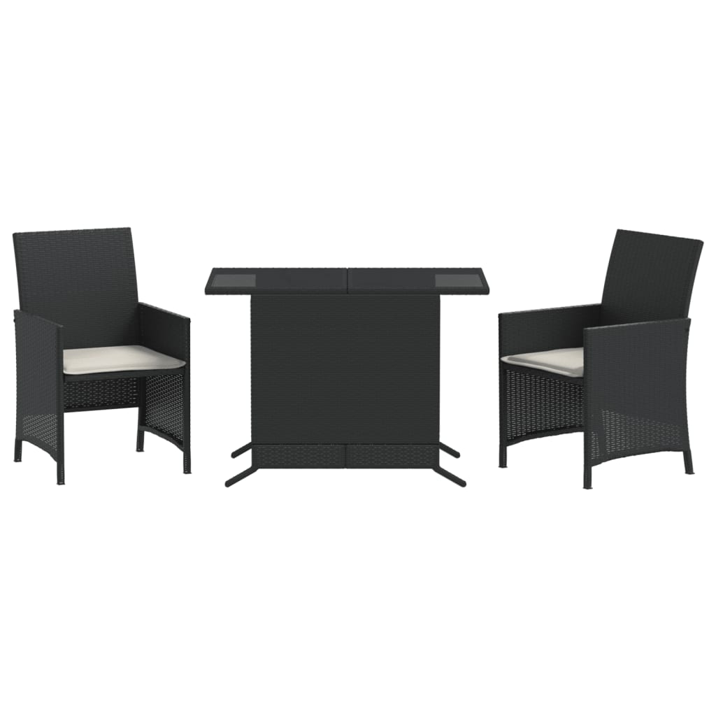 3 Piece Bistro Set with Cushions Black Poly Rattan