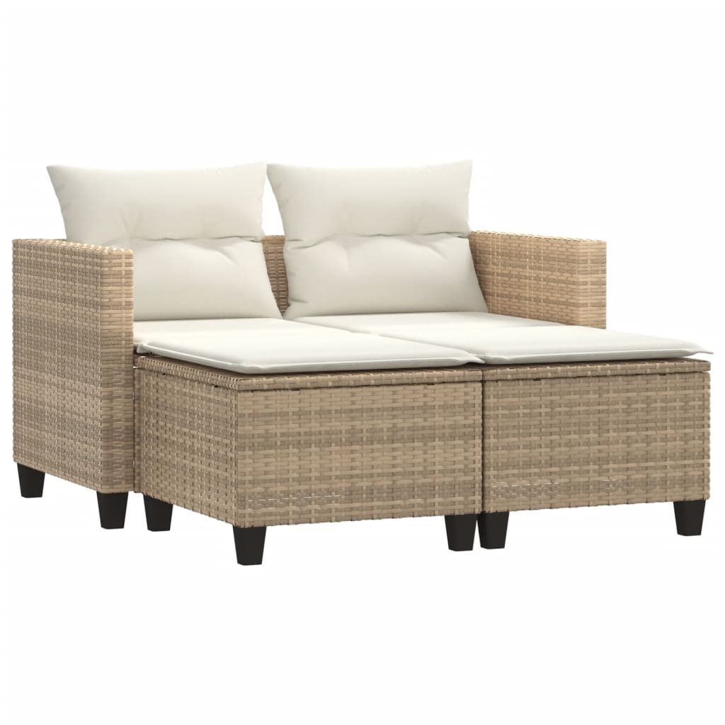 Patio Sofa 2-Seater with Stools Beige Poly Rattan