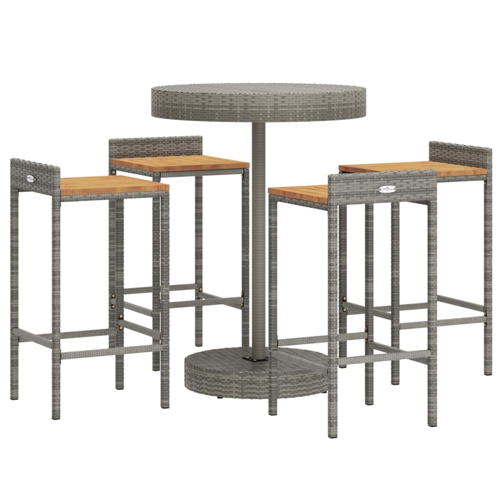 5 Piece Patio Bar Set Gray Poly Rattan&Solid Wood Acacia