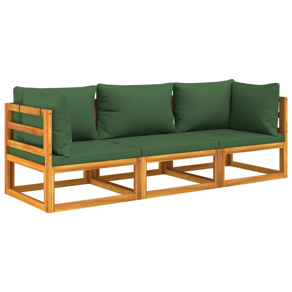 3 Piece Patio Lounge Set with Green Cushions Solid Wood