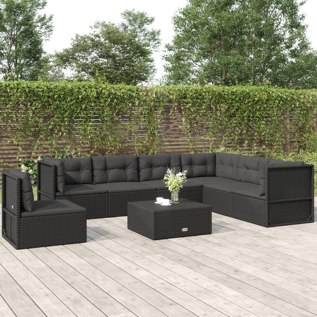 7 Piece Patio Lounge Set with Cushions Black Poly Rattan